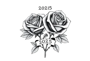 two beautiful rose buds, with many leaves and stems intertwined, representing two people in love. Include a small banner with "2025" on it.  The word "Rose" written in Kanji above the drawing. tattoo idea
