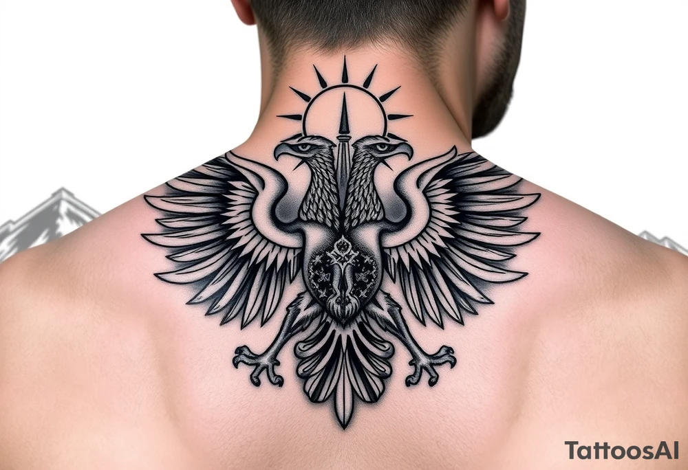 i am looking at getting a russian / serbian style double headed eagle like the coat of arms spread out on my back neck across my shoulders / traps in a orthodox christian church style setting with a sun beaming and in a mountainous setting, such as a Sovereign of the Mountain and an orthodox church in the background with the spire of the church being visible on my neck tattoo idea
