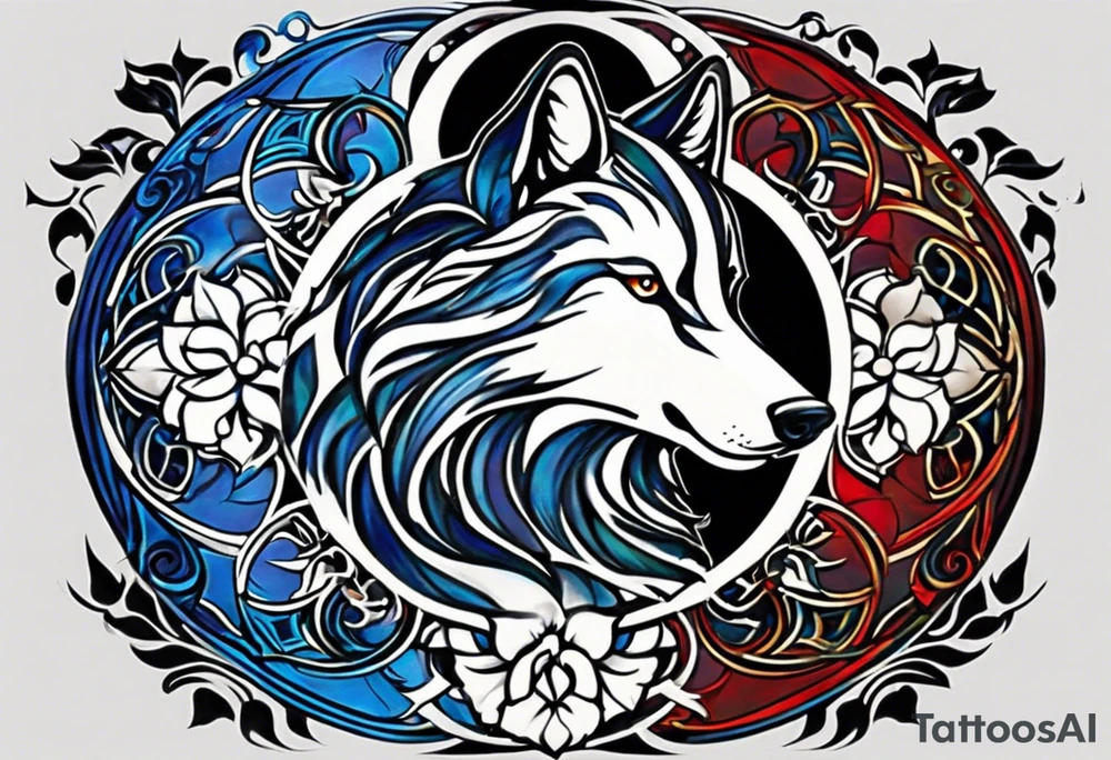a tattoo whose main theme is balance but also resembles new begining, strong willpower, peace and loyalty. This should be for the front part of the shoulder. maybe add the ying-yang symbol somewhere in the tattoo. Tattoo should have an equal amount of blue and red along with the overall tattoo being black. In corporate a wolf into the tattoo, make sure it resembles ing and yang tattoo idea