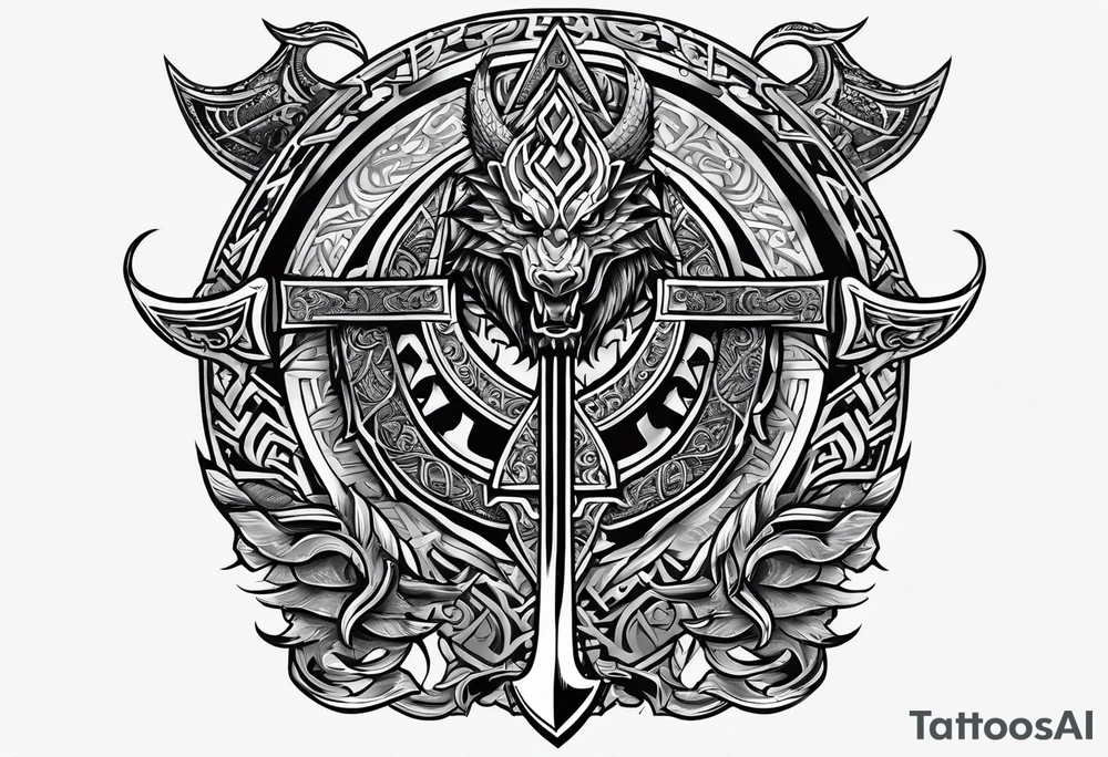 Valhalla sword shield dragon axe Valknut tribal tattoo idea Valhalla sword shield dragon axe Valknut tribal tattoo idea