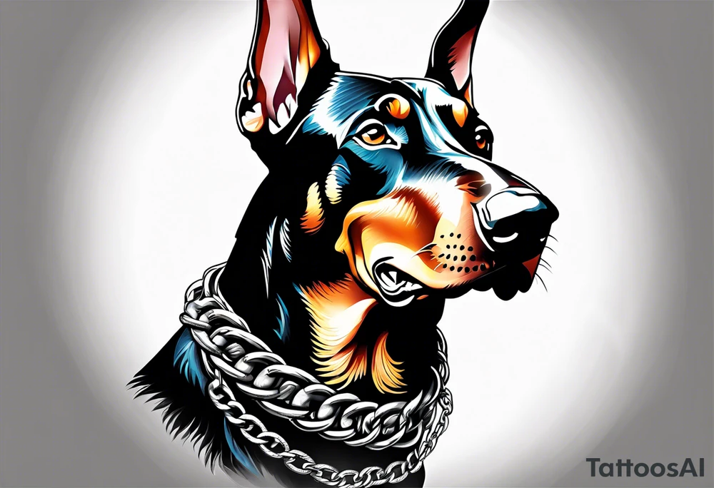 Doberman with open mouth biting
Wearing chain tattoo idea Doberman with open mouth biting
Wearing chain tattoo idea