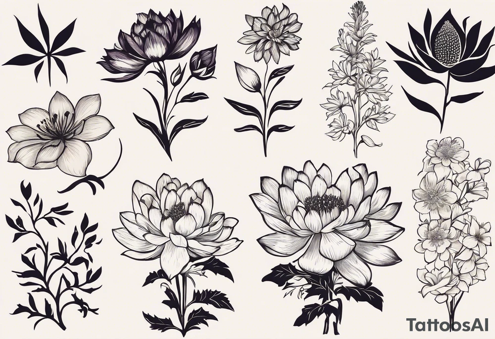 I want a full sleeve that tells the story of the people most important to me. I want my daughter’s birth flowers. One daughter’s birth flowers are larkspur and water lily. My second daughters birth flowers are chrysanthemum and peony. I also want a Palm tree and juniper tree represented because their names are Palmer and Juniper. I want my husband and I represent in some way as well. My husbands birth flowers are Iris and violet. My birth flowers are hawthorn and lily of the valley. tattoo idea