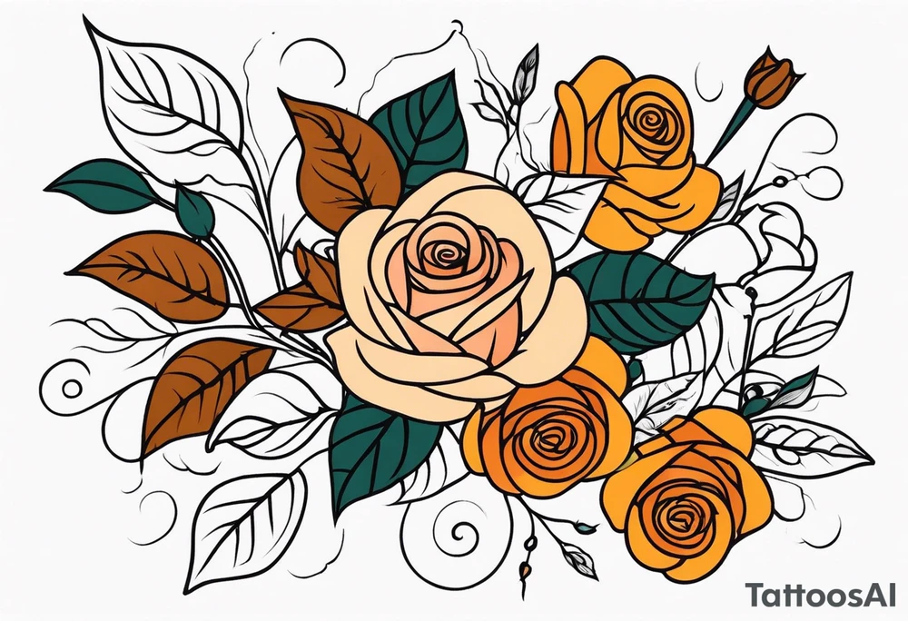 sleeve tattoo in fall colors with roses background swirls, leaves tattoo idea