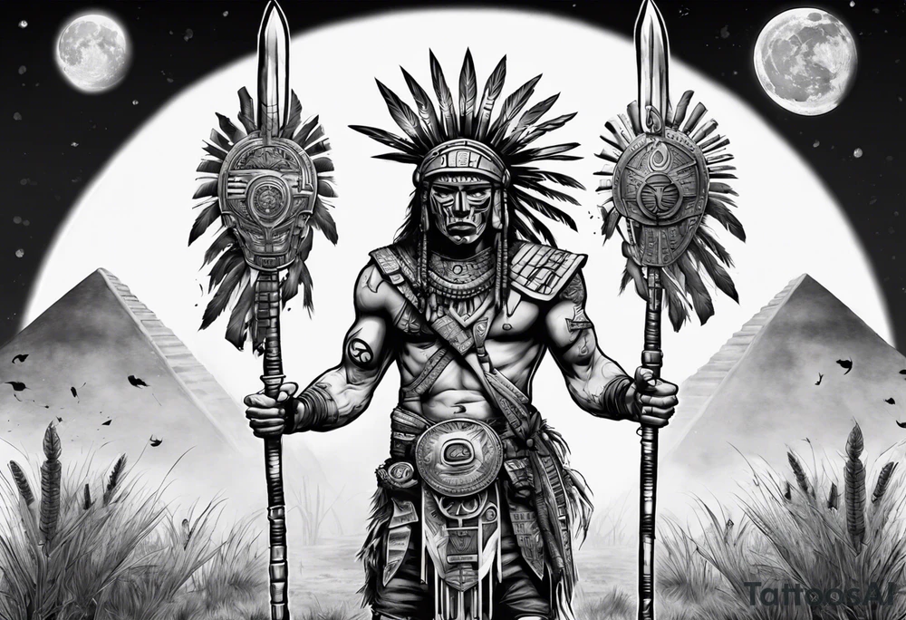 cyberpunk Aztec warrior standing tall after a battle in a field under the moon tattoo idea