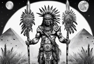 cyberpunk Aztec warrior standing tall after a battle in a field under the moon tattoo idea