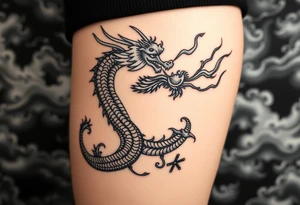fierce dragon breathing iridescent fire against stormy skies tattoo idea