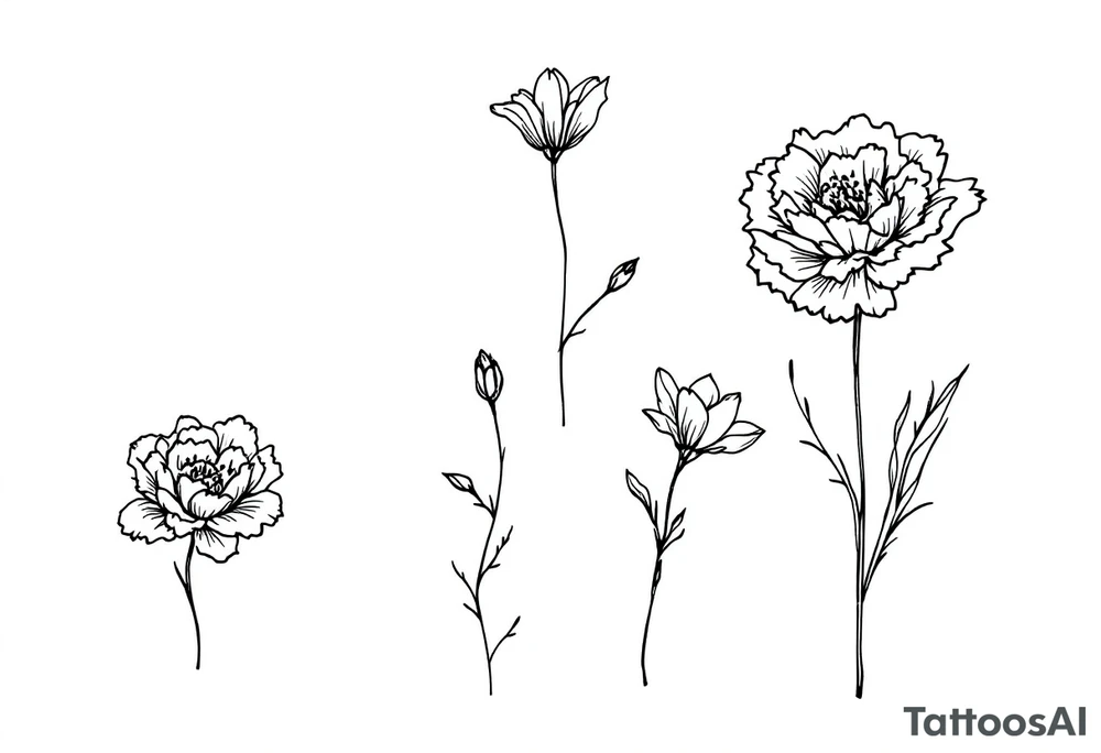 Carnation, Snowdrop, Larkspur, Water Lily, Daffodil, Clover tattoo idea