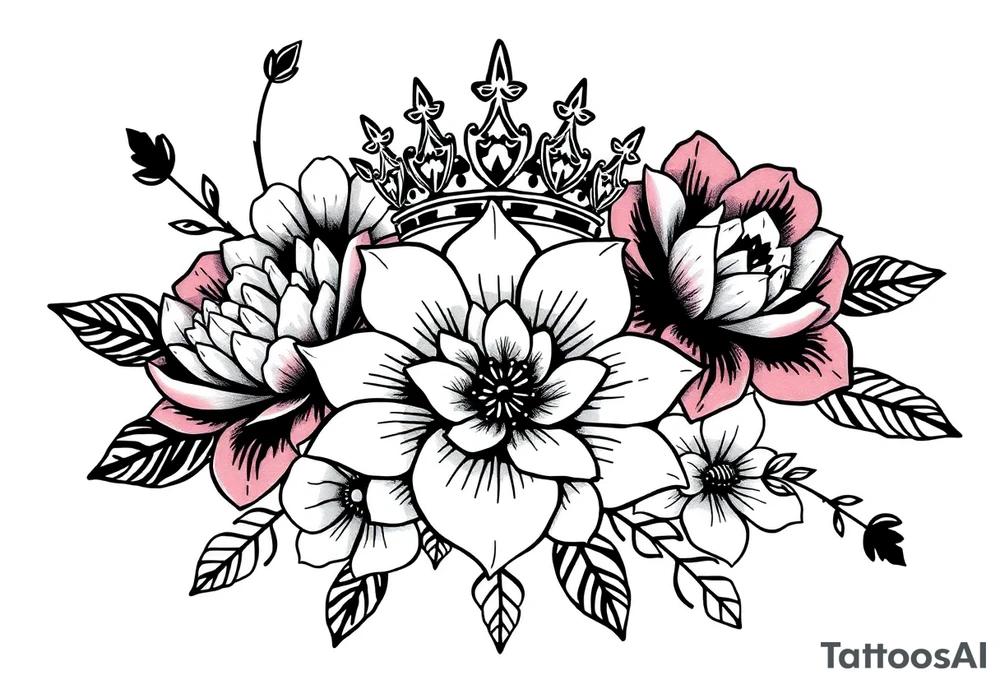 detailed beautiful gothic boho flowers with gorgeous crown tattoo idea