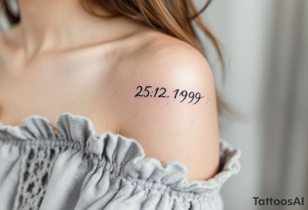 Cursive 25.12.1999 flowing along the spine in cool gray with a hint of icy blue. tattoo idea