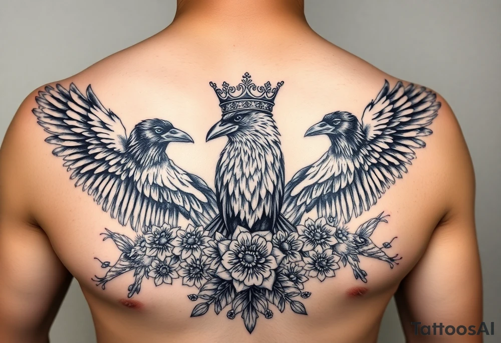 Chest tattoo,powerful majestic ravens with a crown, surrounded by floral ornaments and birds tattoo idea
