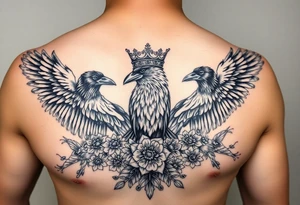 Chest tattoo,powerful majestic ravens with a crown, surrounded by floral ornaments and birds tattoo idea