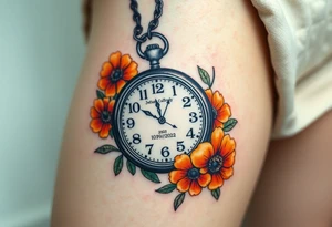 Beautiful pocket watch reading 2:37 with  10/09/2024 and Jackson Calloway in the face of watch surrounded by orange marigolds tattoo idea