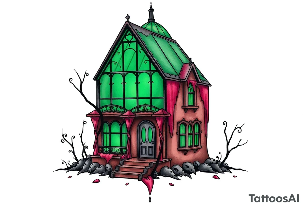 Tim Burton’s glass green house is abandoned and dripping with muted reds, dusty pinks, and eerie green glow. tattoo idea tattoo idea