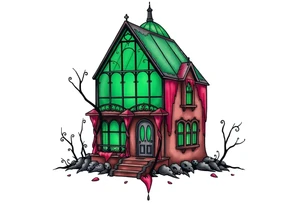 Tim Burton’s glass green house is abandoned and dripping with muted reds, dusty pinks, and eerie green glow. tattoo idea tattoo idea