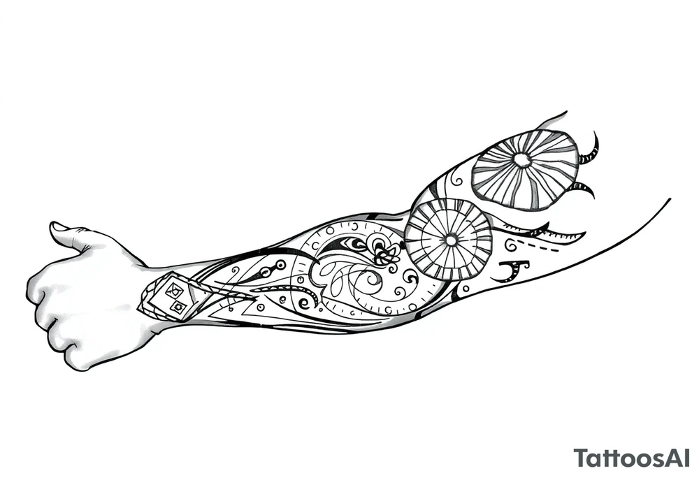 Sicilian Forearm tribal sleeve with patterns and symbols tattoo idea