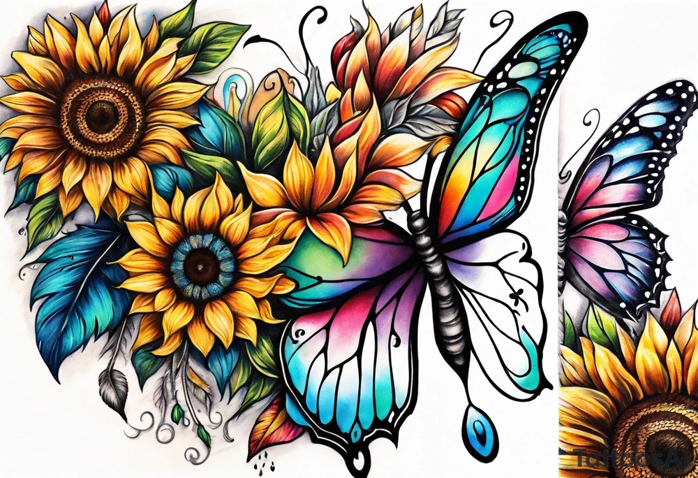 Quarter Leg sleeve with dreamcatcher, rainbow sunflowers and one butterfly tattoo idea