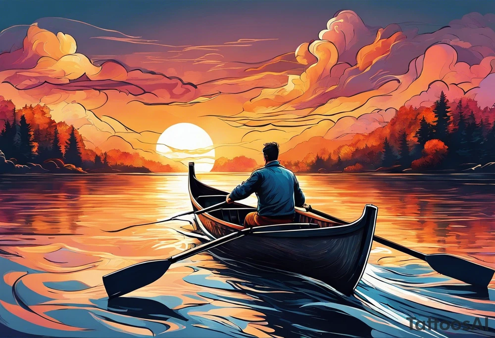 A man rowing in a boat through the water into the sunset tattoo idea