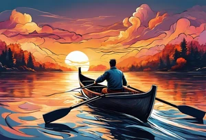 A man rowing in a boat through the water into the sunset tattoo idea