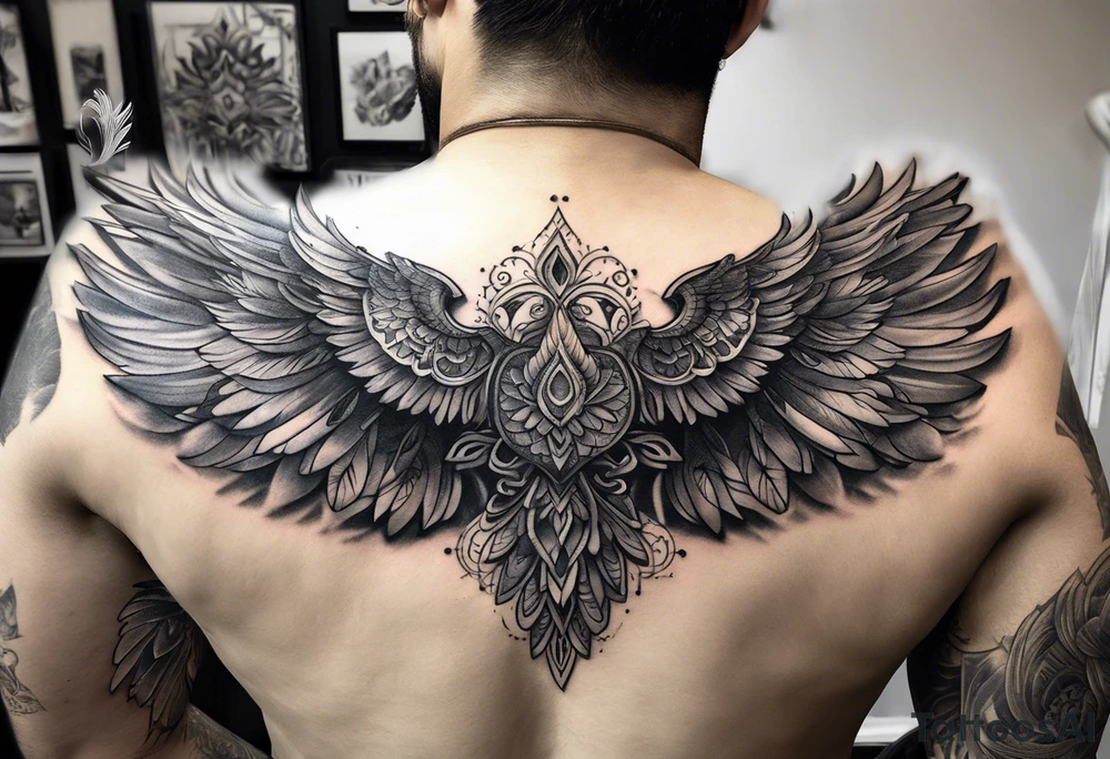 wings tattoo extending from a mens shoulders, covering the upper arms and upper back. The feathers are intricately detailed, with soft shading in black and gray to create depth and texture. tattoo idea