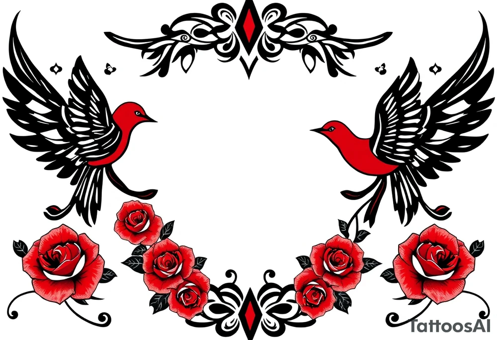 Vintage lace, red roses, red birds, vintage, wrap around, tighter together, no space open tattoo idea