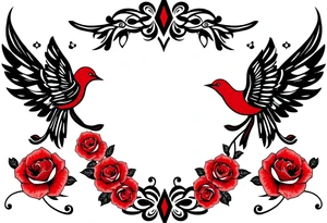 Vintage lace, red roses, red birds, vintage, wrap around, tighter together, no space open tattoo idea