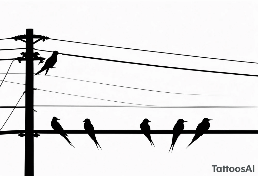 Three Arctic tern Silhouettes on a single power Line. Two are sitting, one is about to fly tattoo idea