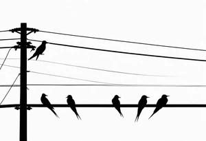 Three Arctic tern Silhouettes on a single power Line. Two are sitting, one is about to fly tattoo idea
