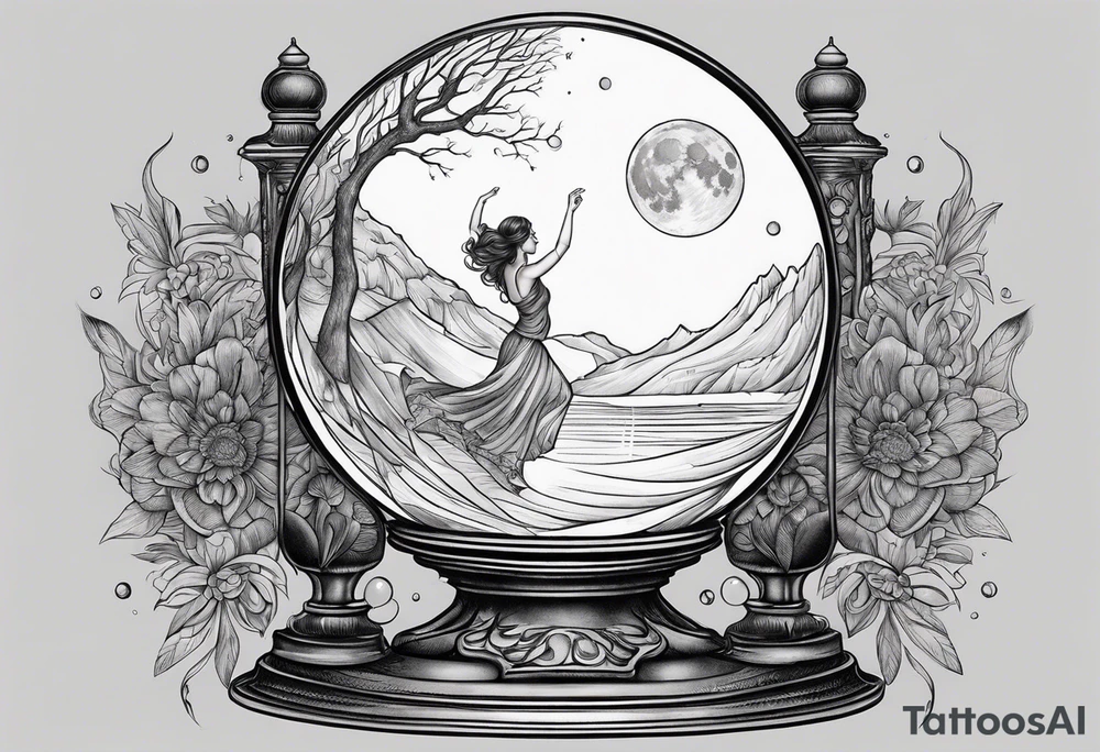 crystal ball that shows women dancing under a full moon tattoo idea