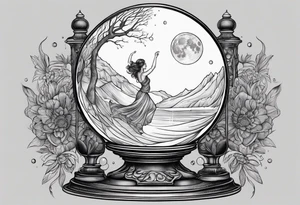 crystal ball that shows women dancing under a full moon tattoo idea