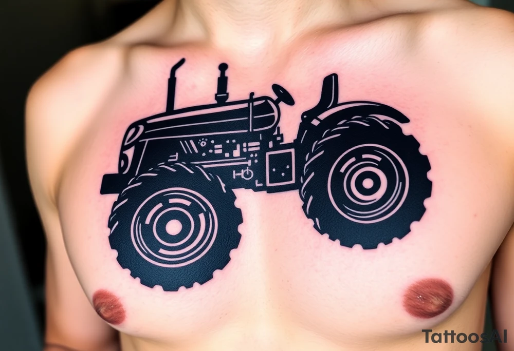 A black and chrome tractor silhouette, with bold shading and a strong, industrial aesthetic. tattoo idea
