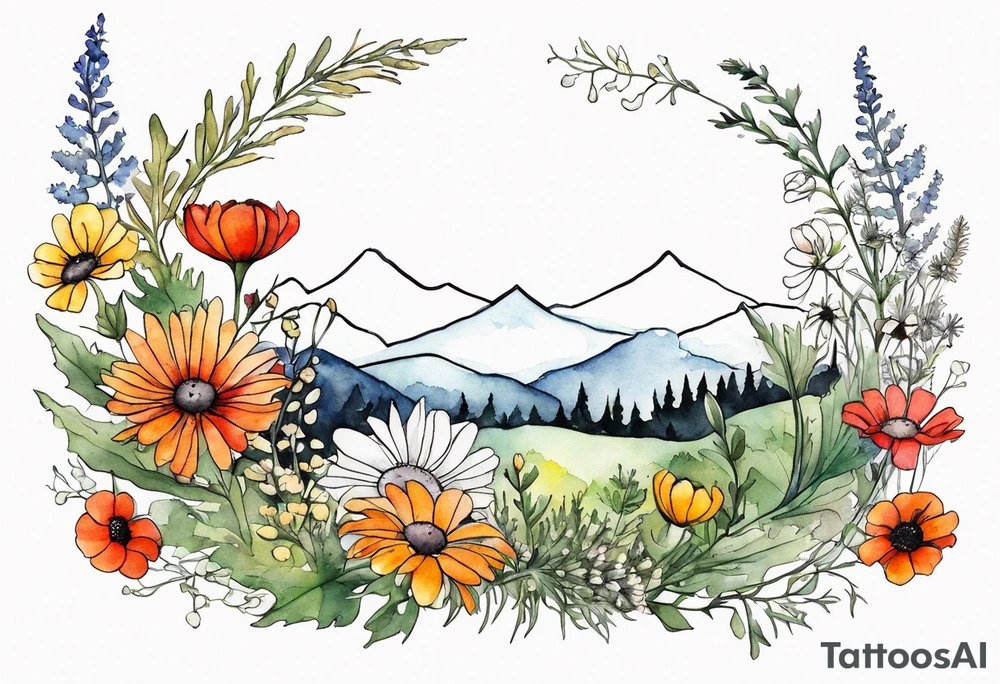 an oval of wildflowers cascading with thistles, ferns, white anemones, sun flowers, red flowers, black flowers, buttercups, orange flowers, babys breath and daisies all in watercolor tattoo idea