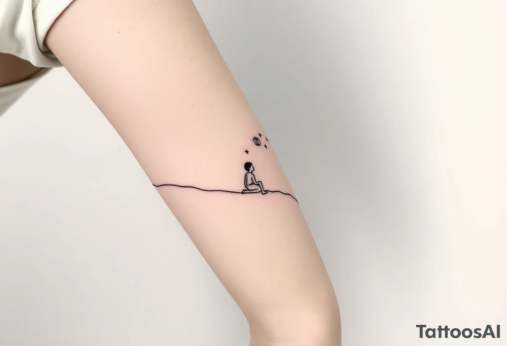 Create a minimalist tattoo design that wraps around the upper right arm, just below the armpit and above an existing blackwork sleeve.

Design Flow:

The tattoo is connected by a thin, continuous line that wraps around the arm.

On the outer/front arm, place a small, minimal walking figure on the line, moving forward. The line should have a gentle wave under his steps to create movement.

The line continues to the inner arm, where a boy is sitting on the line (with his back to the viewer, legs dangling below the line).

To the right of the boy, place a slightly leaning palm tree growing from the line.

Behind or beside the tree, include a minimal sun, low on the horizon (simple circle or half-sun).

In the space above, softly scatter minimalist stars, mostly dots, with 2–3 sparkles or tiny diamond shapes.

Style Notes:

Keep everything in fine line / minimalist style, no heavy shading

Design should feel light, dreamy, and reflective — symbolizing balance between stillness and motion

Line should echo the flow of the existing tribal/blackwork arm band below, but not mimic or clash with it

The boy should sit directly under the palm and with the back to the viewer and the feet hanging from the line tattoo idea