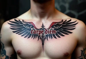 Bold gothic "carpe diem" lettering in deep crimson ink, flanked by black raven wings spreading outward on the chest. tattoo idea