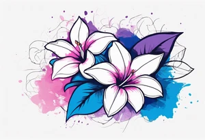 negative space linework mandevilla flowers over a brushstroke background of blue, pink and purple tattoo idea