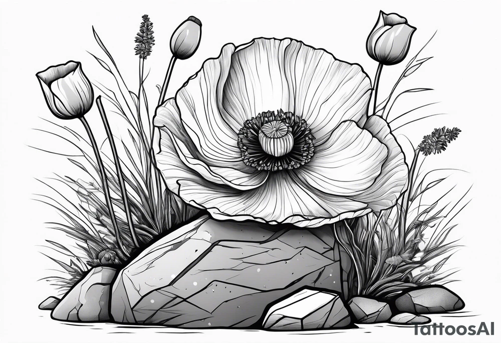 poppy growing out of rock with roots hugging 
rock in love tattoo idea