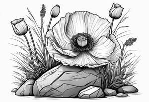 poppy growing out of rock with roots hugging 
rock in love tattoo idea