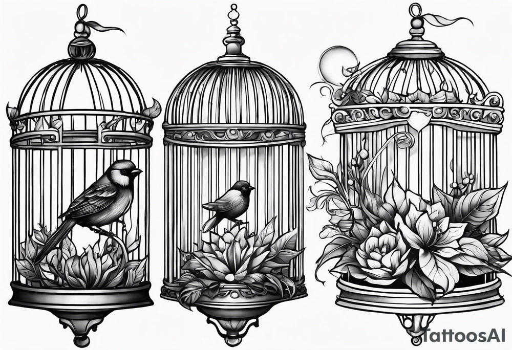 neo traditional foliage on the left top of a bird cage tattoo idea