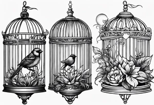 neo traditional foliage on the left top of a bird cage tattoo idea