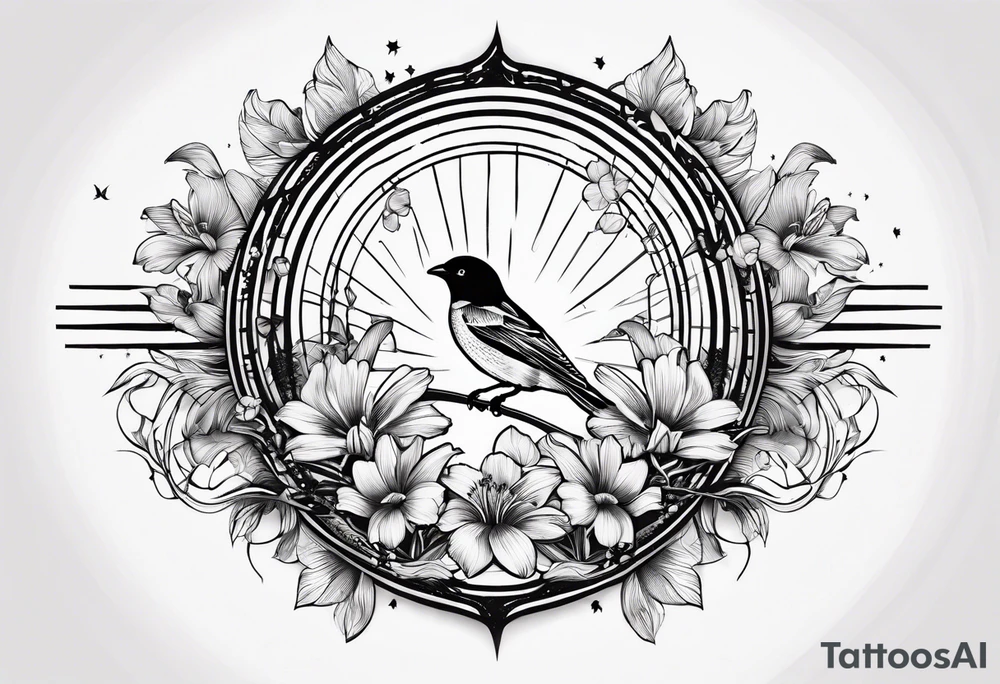 AUM symbol, one flying 
sparrow, sunrays, staircase, cosmos, iris, daisy tattoo idea