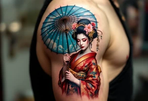 A traditional geisha in a vibrant red and gold kimono holding a delicate blue parasol. tattoo idea