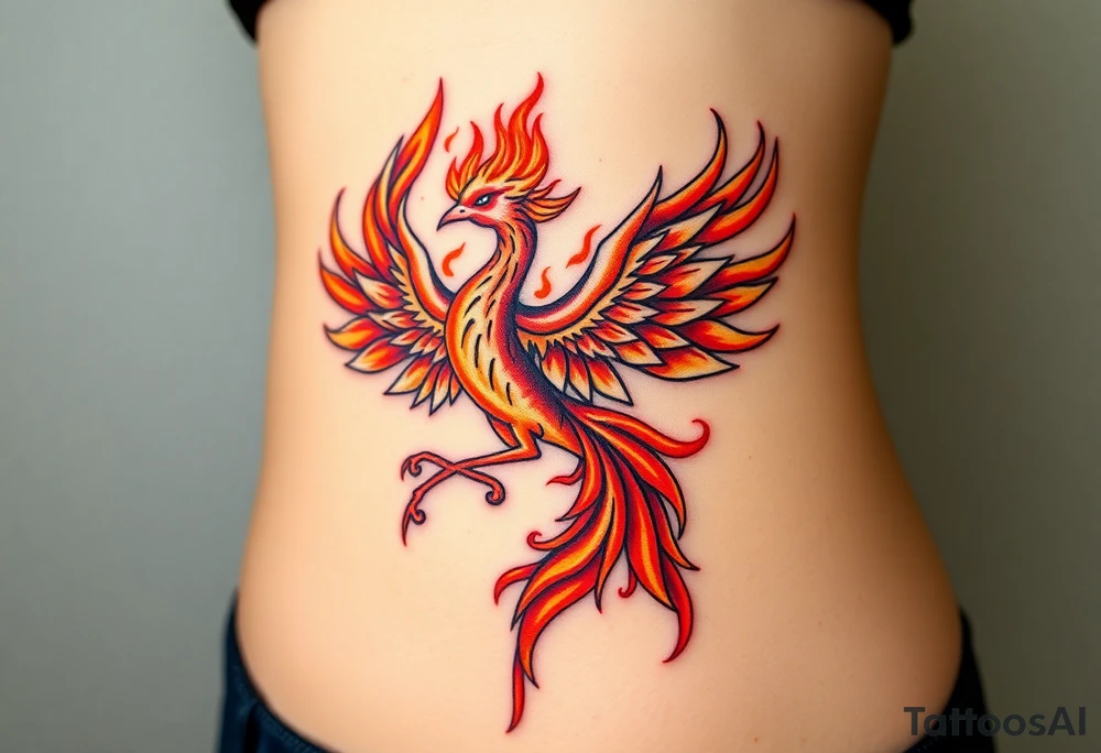 large fiery phoenix surrounded by fire. with a crown of fire flapping wings with a flaming tail tattoo idea