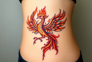large fiery phoenix surrounded by fire. with a crown of fire flapping wings with a flaming tail tattoo idea