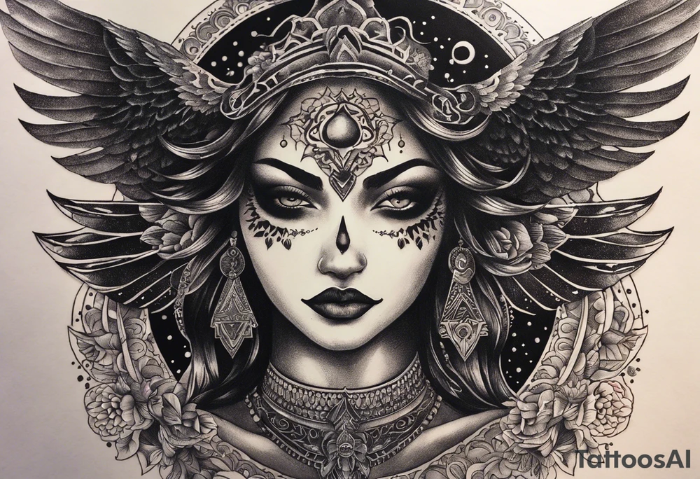black kali, goddess pirate, alien, angel, pachamama, valkrye, warrior, flying, skull, lotus azul, wing, eagle, zenza resonance, stars, 5D, anahata chakra, death, durga, riding on a tiger, flying lady, chest tatoo tattoo idea