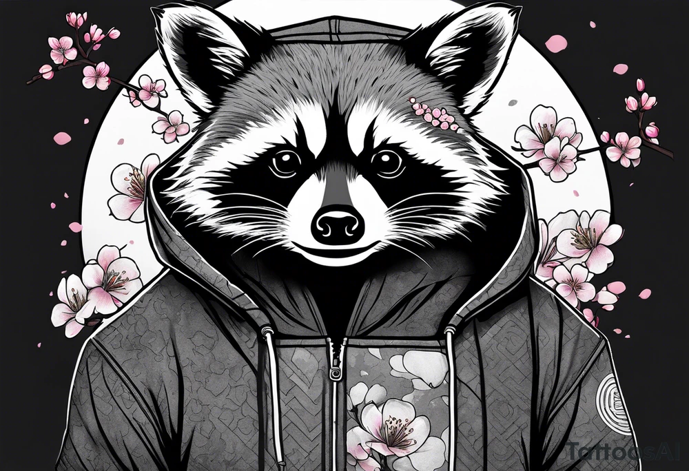 Raccoon wearing a Superman hoodie and Japanese cherry blossoms tattoo idea