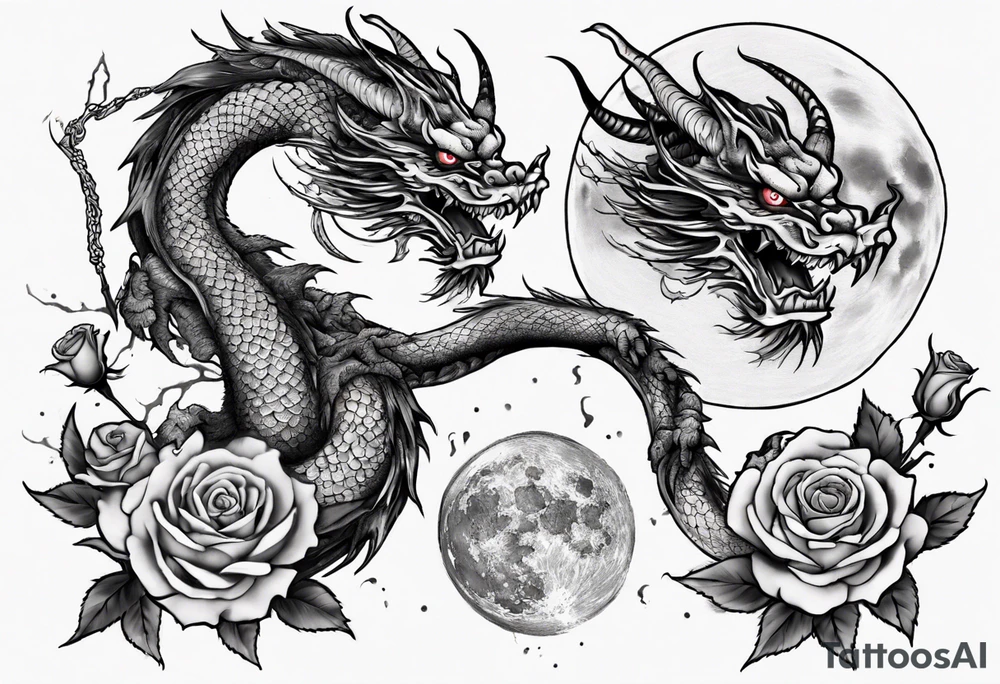 full Japanese dragon with moon and roses tattoo idea