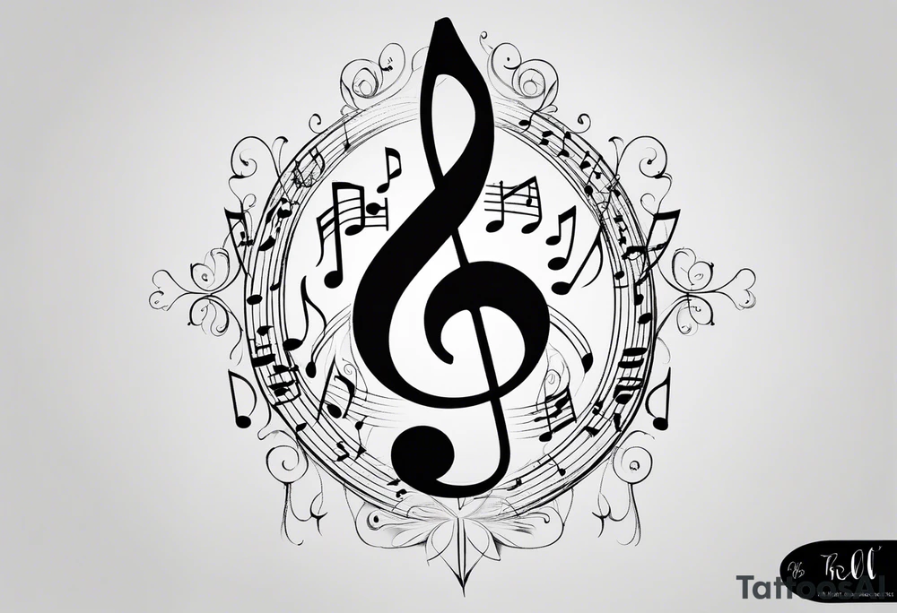 Minimalist line work tattoo, depicting musical
Notes and the letters “R” and “L”. tattoo idea