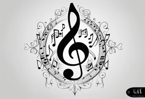 Minimalist line work tattoo, depicting musical
Notes and the letters “R” and “L”. tattoo idea