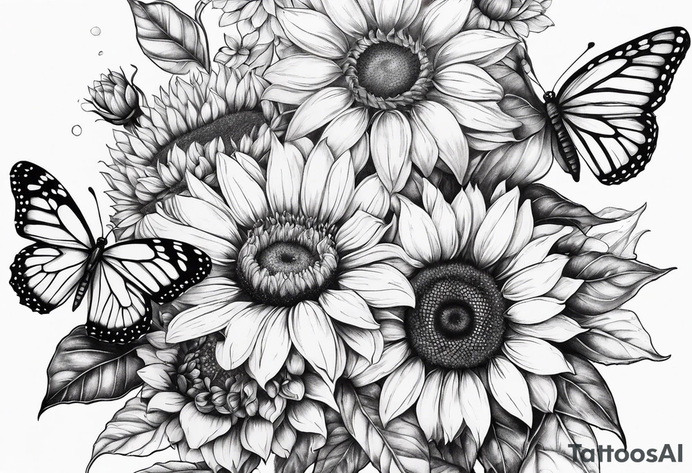 Leg sleeve with sunflowers and butterflies tattoo idea