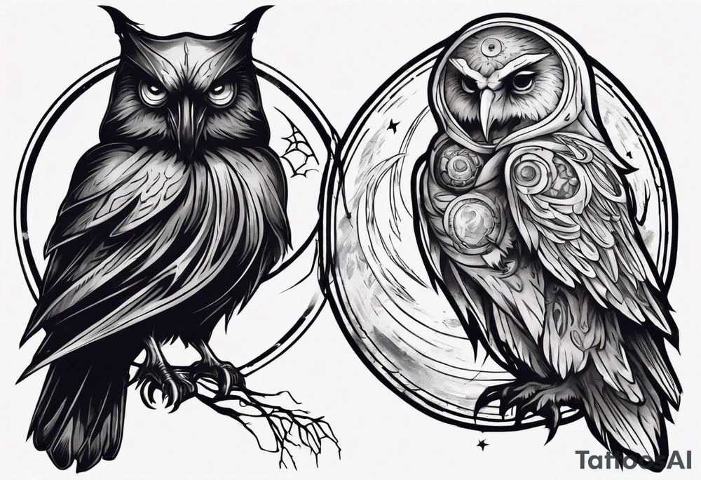 Raven on the left. Owl on the right. Mystic. Dark Demonic Energy. The Moon. tattoo idea