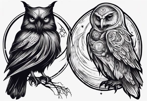 Raven on the left. Owl on the right. Mystic. Dark Demonic Energy. The Moon. tattoo idea